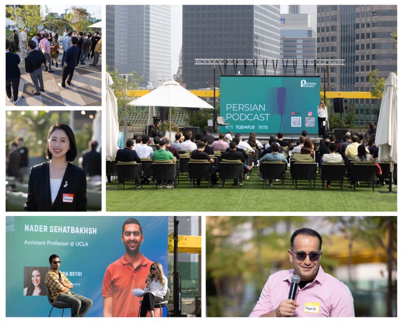 Moments from Persian Tech Network events — networking, the Persian Podcast stage, and a fireside chat